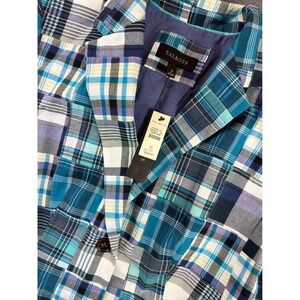 Talbots Blazer Women 12 Blue Patchwork Plaid Cotton Two Button Jacket NEW